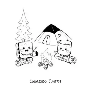 Desenho para colorir de dois marshmallows kawaii animados em um acampamento