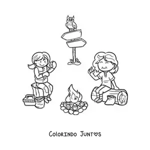 Desenho para colorir de duas meninas comendo marshmallows junto a uma fogueira