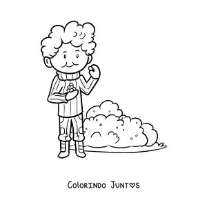 Desenho para colorir de um menino colhendo amoras de um arbusto em uma excursao