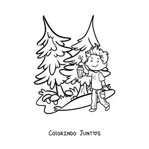 Desenho para colorir de um menino com uma lanterna na floresta em uma trilha