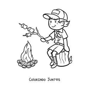 Desenho para colorir de um menino explorador assando marshmallows na fogueira