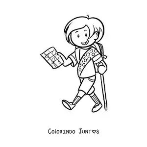Desenho para colorir de uma menina exploradora caminhando com um mapa em uma trilha