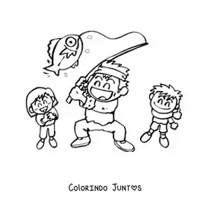 Desenho para colorir de um pai e seus filhos pescando um peixe