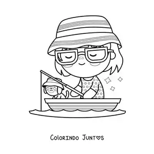 Desenho para colorir de uma menina pescando com seu cachorro em um barco