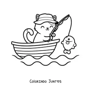 Desenho para colorir de um gato animado pescando um peixe em um barco