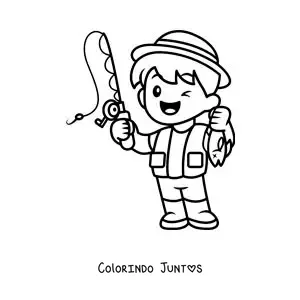 Desenho para colorir de um menino pescador kawaii animado