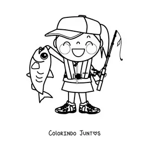 Desenho para colorir de uma menina pescadora com um peixe