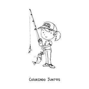 Desenho para colorir de uma menina animada pescando um peixe com uma vara