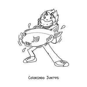 Desenho para colorir de uma caricatura de um pescador que pegou um peixe