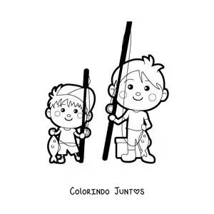 Desenho para colorir de um pai kawaii pescando com seu filho