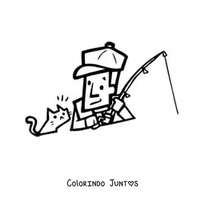 Desenho para colorir de uma caricatura de um pescador com seu gato