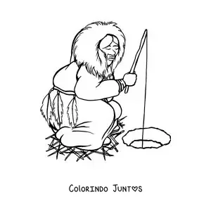 Desenho para colorir de uma esquimo pescando