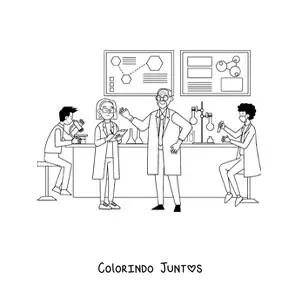 Desenho para colorir de vários cientistas em um laboratório