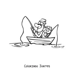 Desenho para colorir de uma caricatura de um pescador com seu filho em um barco