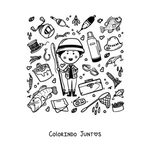 Desenho para colorir de um pescador animado com equipamentos de pesca