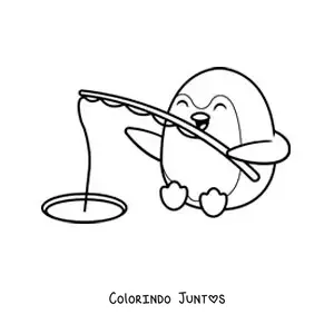 Desenho para colorir de um pinguim animado pescando