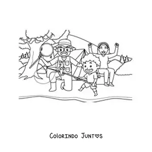 Desenho para colorir de uma familia animada pescando em um rio