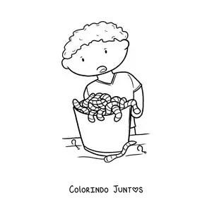 Desenho para colorir de um menino ao lado de um balde de isca de pesca