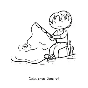 Desenho para colorir de um menino pescando com vara em um lago