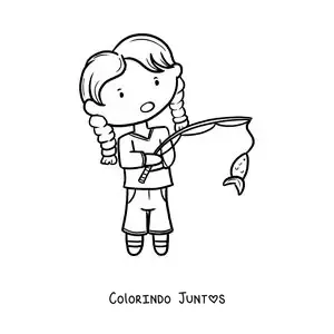 Desenho para colorir de uma menina pescando um peixe com uma vara