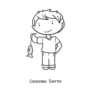 Desenho para colorir de um menino com um peixe que pescou