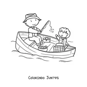 Desenho para colorir de um pai e seu filho pescando em um barco