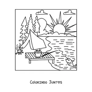 Desenho para colorir de uma vara de pescar em um acampamento