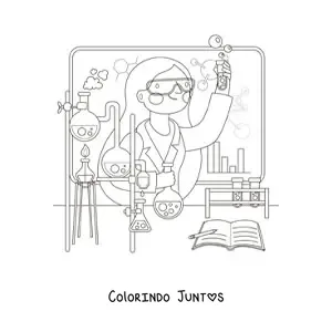 Desenho para colorir de uma mulher cientista fazendo experimentos