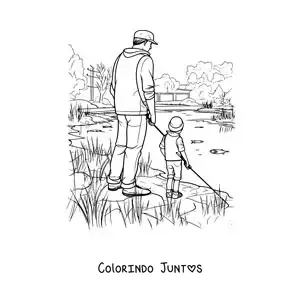 Desenho para colorir de um pai e seu filho pescando em um lago em estilo realista