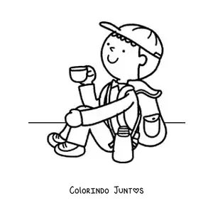 Desenho para colorir de um excursionista com sua mochila tomando cafe