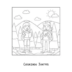 Desenho para colorir de um casal de excursionistas em um passeio pela montanha