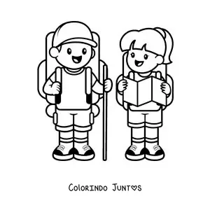 Desenho para colorir de um casal de excursionistas kawaii com mochilas