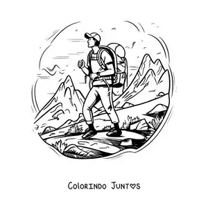 Desenho para colorir de um menino excursionista na montanha