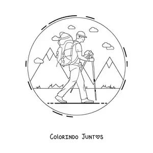 Desenho para colorir de um caminhante fazendo trilha com uma mochila