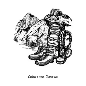 Desenho para colorir de uma mochila e um par de botas para escalar