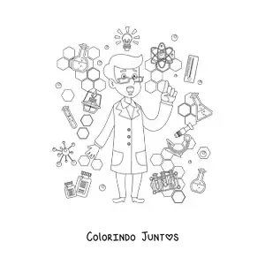 Desenho para colorir de um cientista animado rodeado de instrumentos científicos