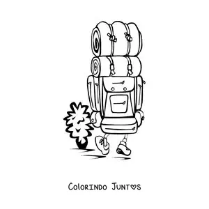 Desenho para colorir de um excursionista caminhando com uma mochila de acampamento