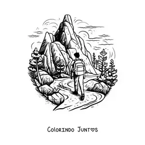 Desenho para colorir de um excursionista passeando pelas montanhas