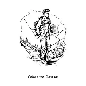 Desenho para colorir de um menino em uma trilha entre as montanhas em estilo realista