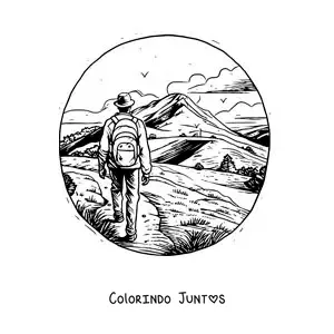 Desenho para colorir de um caminhante aventureiro nas montanhas