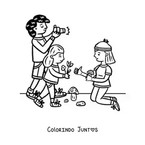 Desenho para colorir de uma familia em um passeio fotografando a natureza