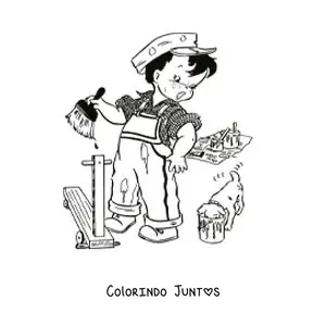 Desenho para colorir de um menino assustado com um pincel ao lado de um filhote comendo tinta