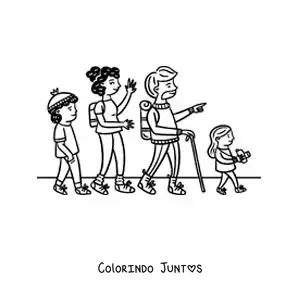 Desenho para colorir de uma familia caminhando em uma trilha