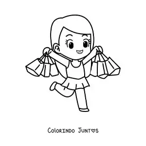 Desenho para colorir de uma menina kawaii de vestido com suas sacolas de compras