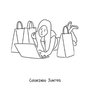 Desenho para colorir de uma menina comprando muitas roupas online no seu laptop
