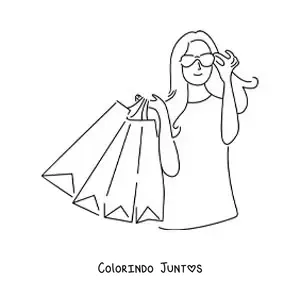Desenho para colorir de uma menina fazendo compras com seus oculos de sol