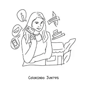 Desenho para colorir de uma mulher com seu cartão de crédito pronta para fazer compras