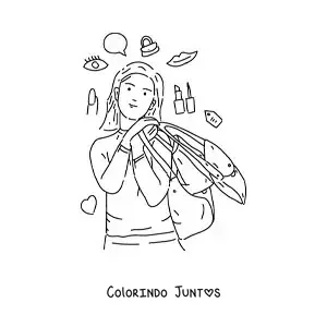 Desenho para colorir de uma menina com sacolas pensando em comprar maquiagem