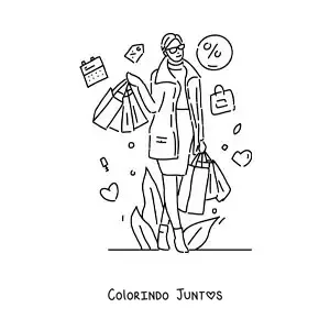 Desenho para colorir de uma mulher fazendo compras na temporada de promoções