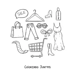 Desenho para colorir de um carrinho de compras com roupas ao redor